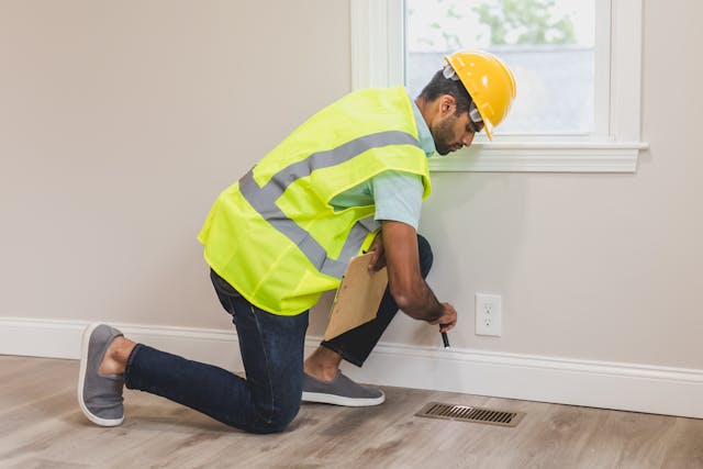 man in neon vest and hard hat shining flashlight into floor grate
